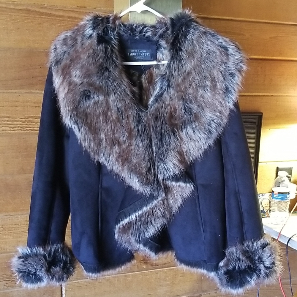 Donna Slalyers Fabulous Furs Faux Black and Brown Jacket Large Coat
